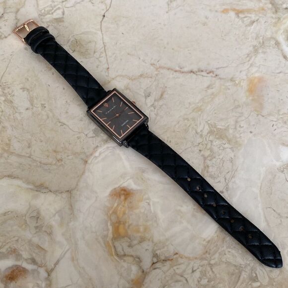 NEW Tahari Diamond Tank Style Quartz Watch Black & Rose Gold Faux Leather Strap - Picture 5 of 13